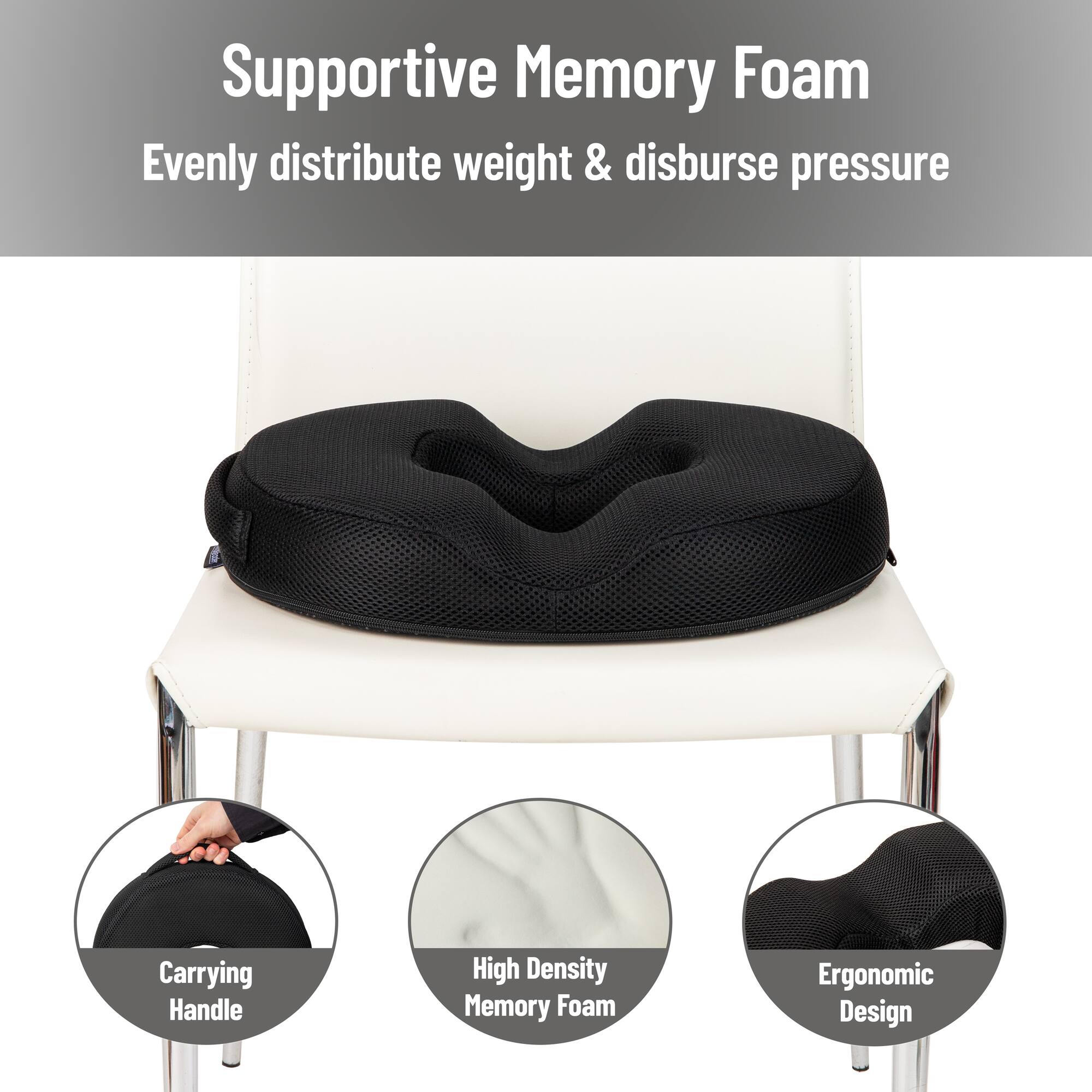 Mind Reader Donut Pillow Seat Cushion with Air-Cloud Technology, Tailbone, Hemorrhoid, Pregnancy Relief, Black